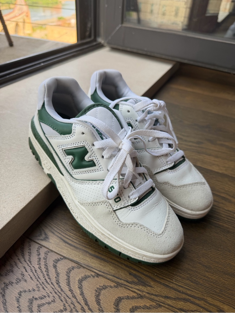 New Balance White and Green 550 Classic Sneakers